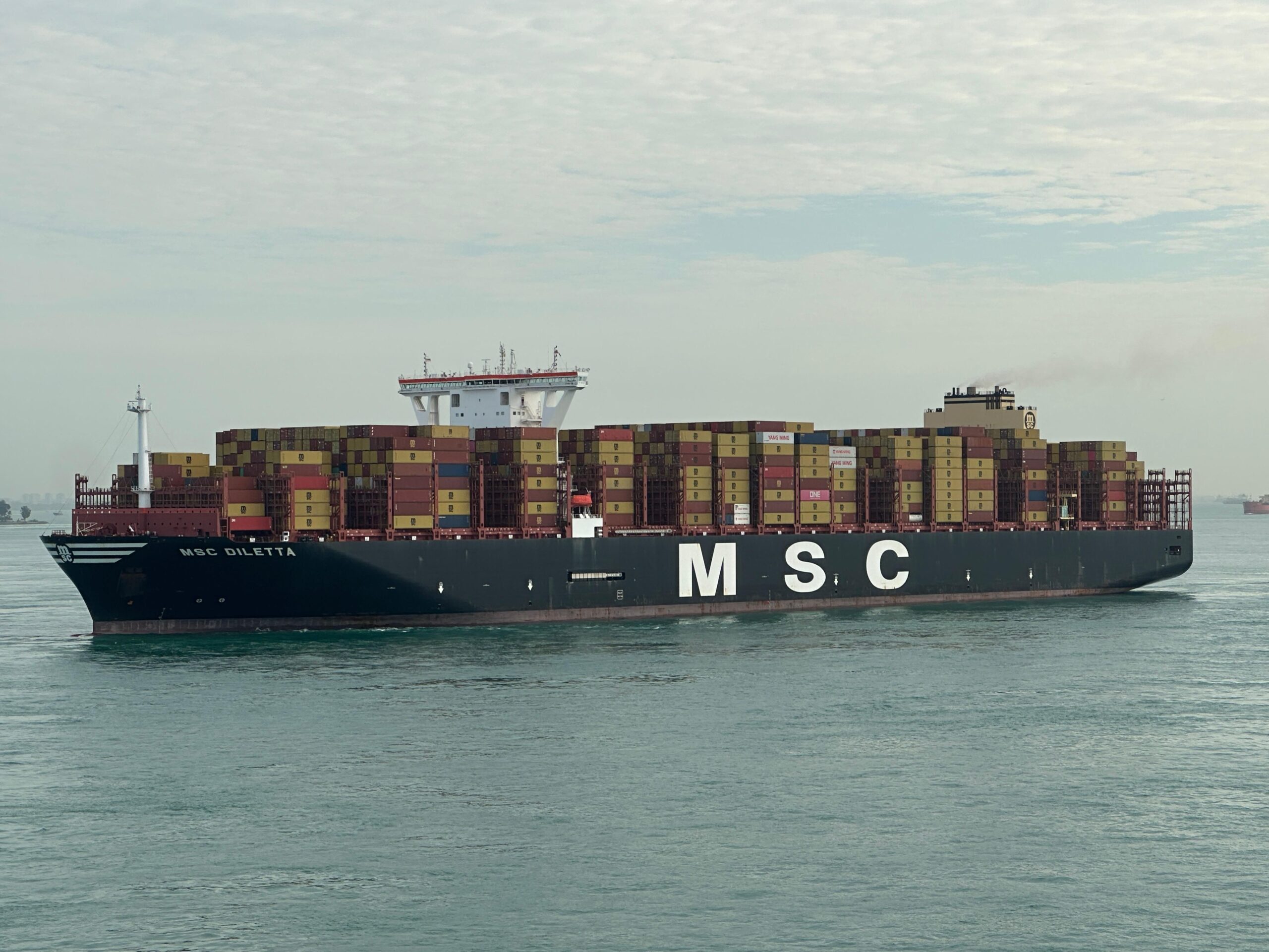 MSC cargo ship with stacked containers navigating open waters under cloudy sky.